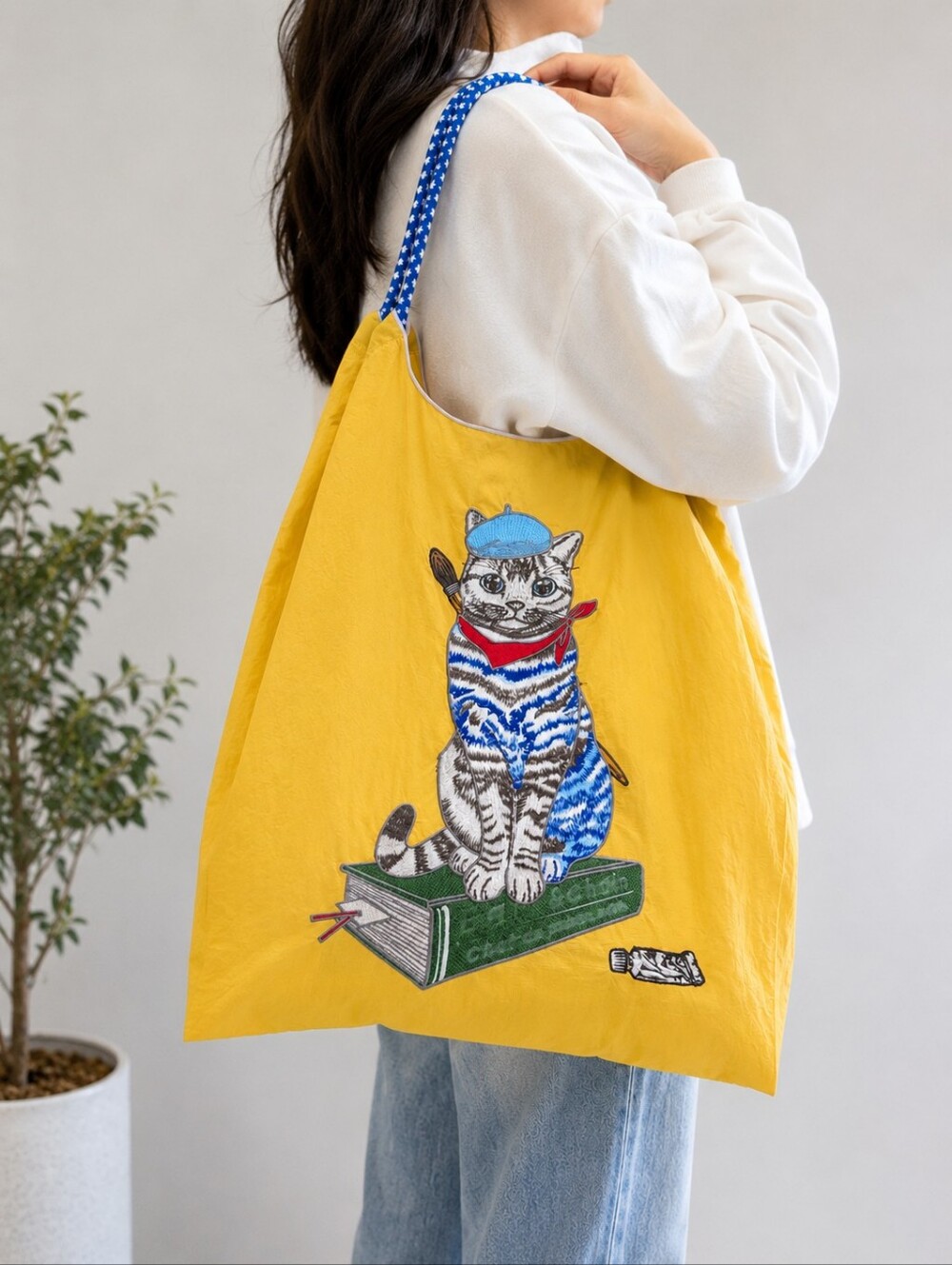 Ball & Chain Artist Cat Reusable Tote Bag Yellow NWT